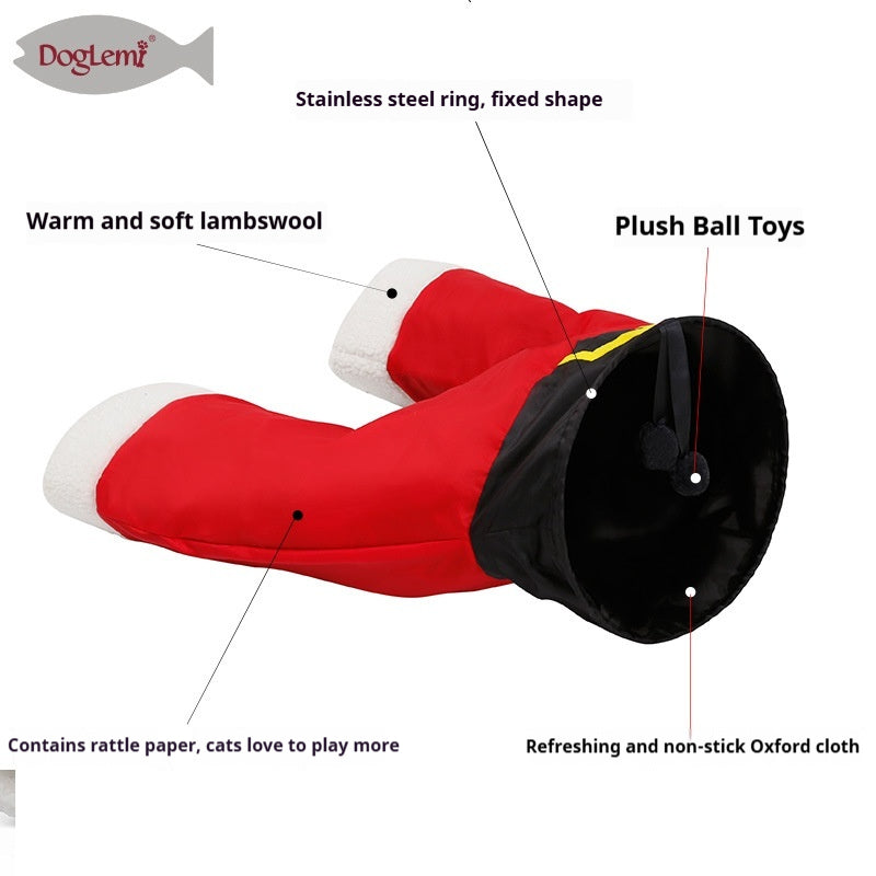 Pet Toy Christmas Sound Paper Three-Way Cat Tunnel Santa Claus Pants