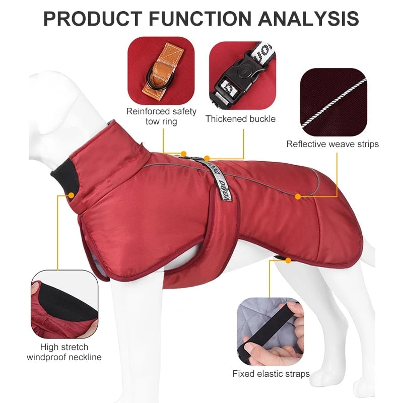 Warm Dog Coats Large Dog Waterproof Reflective Jacket Turtleneck With Adjustable Drawstring Buckle With D Ring