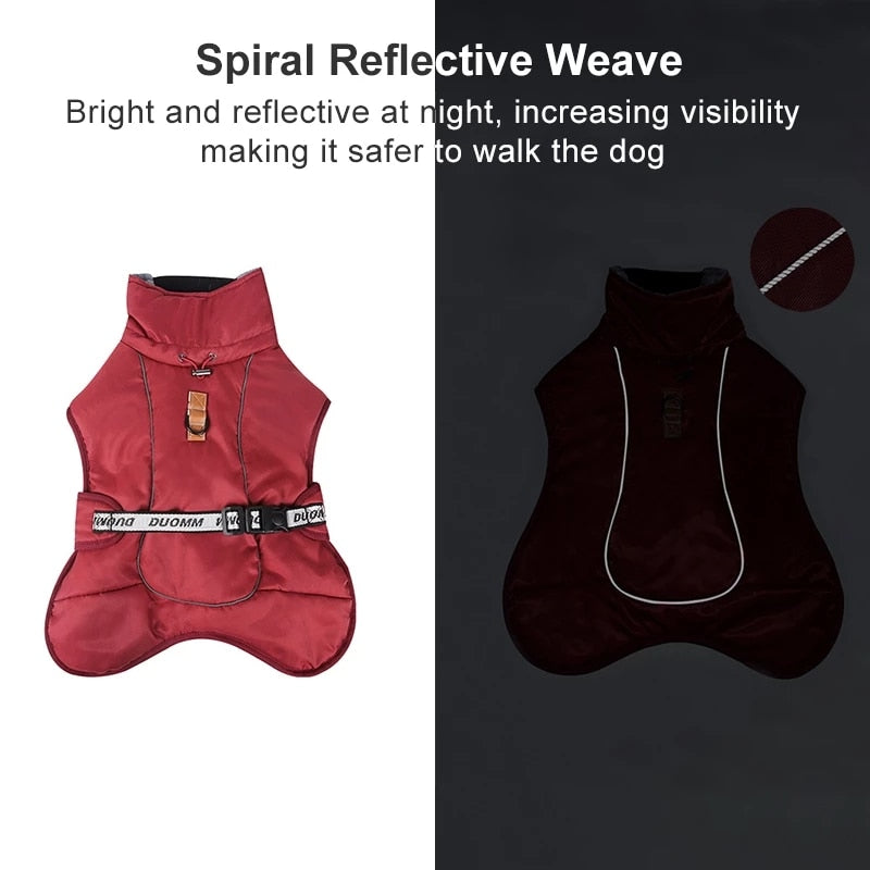 Warm Dog Coats Large Dog Waterproof Reflective Jacket Turtleneck With Adjustable Drawstring Buckle With D Ring